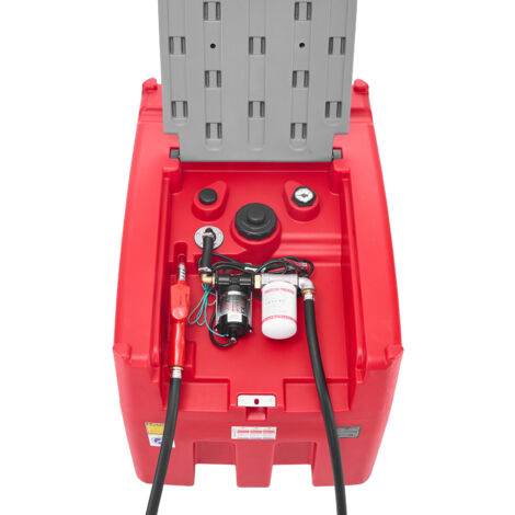 Mophorn Tanque portátil de 440 L para diésel y gasolina con bomba eléctrica de transferencia, manguera de 3,8 m y boquilla automática, ideal para transporte de combustible, color rojo