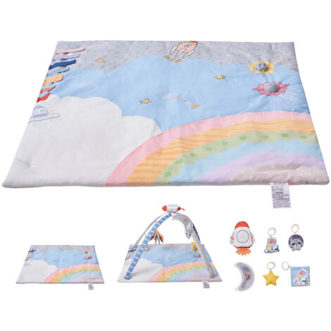 Mophorn Tappetino da Gioco per Bambini, Tappetino per il Tempo sulla Pancia con 6 Giocattoli Sensoriali, 890 x 890 mm, Tappetino Pieghevole con Giocattolo Razzo Musicale Luminoso