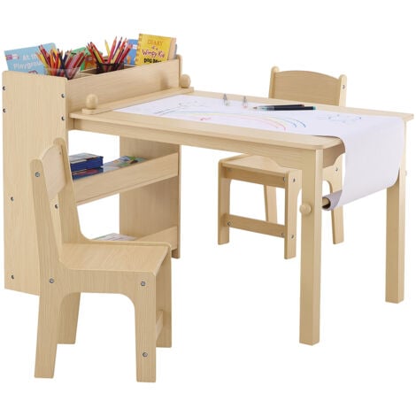 Mophorn Tavolo da disegno per bambini e 2 sedie, tavolo per attività artigianali e di gioco per bambini piccoli 2 in 1, set tavolo e sedia in legno per bambini piccoli con mobiletto per arte, lettura
