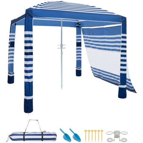 Mophorn Tenda da spiaggia per esterno 2438 x 2438 mm con parete laterale, semplice da assemblare con tasche per la sabbia, parasole portatile con altezza regolabile, design a righe blu scuro e bianco