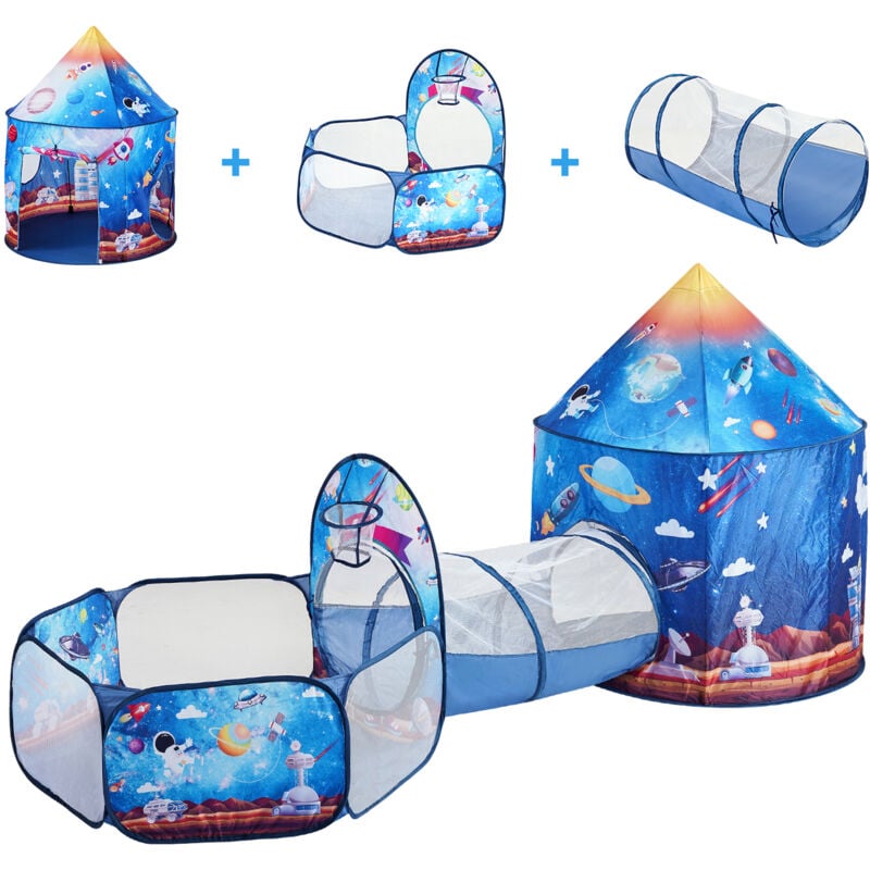 Tente de jeu 3 en 1 pour enfants avec tunnel, maison de jeu pop-up intérieure/extérieure pour garçons, filles, tout-petits, thème fusée bleu royal,