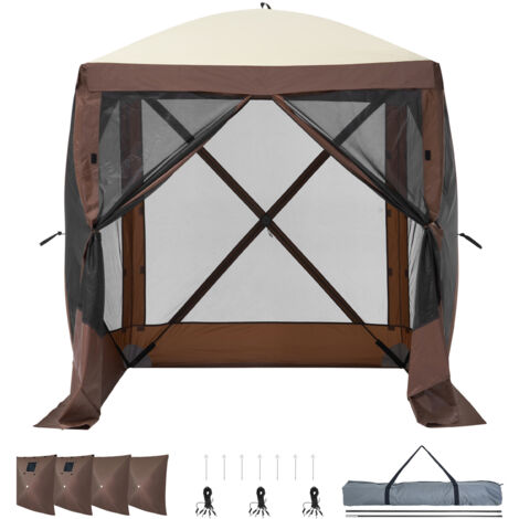 Mophorn Tente tonnelle escamotable, abri solaire à 4 côtés avec panneaux d'intimité amovibles et fenêtres en maille, tente moustiquaire à installation rapide de 1,8 x 1,8 m avec moustiquaire, marron