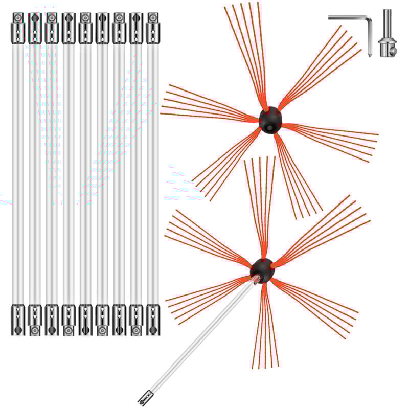 Mophorn - Tiges de ramonage flexibles kit de nettoyage en nylon de 33 pieds, 2 têtes de brosse, connexion facile, 10 tiges blanches
