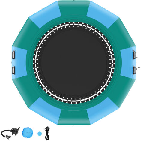 Mophorn Trampolín Inflable de Agua Trampolín Hinchable de Agua 367 x 60 cm Plataforma de Natación Portátil con Escalera y Bomba de Aire Electrica Rebotador Flotante para Niños, Piscina, Azul y Verde