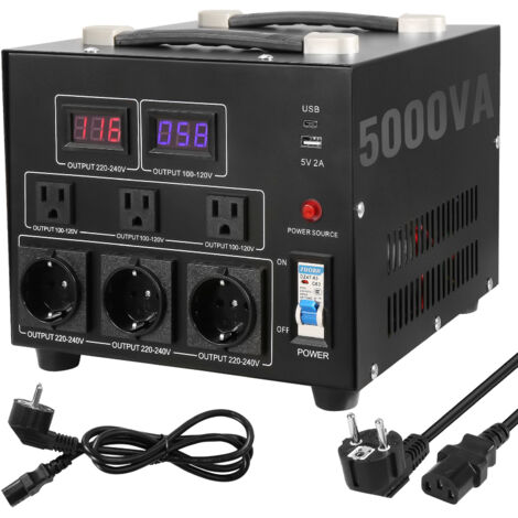 Mophorn Trasformatore convertitore di tensione, 5000 W, step up/down per impieghi gravosi, da 110 V a 220 V e da 220 V a 110 V, presa USA, presa UE, porta USB 5 V, certificazione CE
