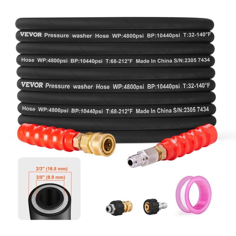 Mophorn - vevor Tuyau Flexible de Nettoyeur Haute Pression 30,5 m Tuyau de Lavage Electrique de Rechange 9,9 mm Connecteur 3/8'-φ14,8 Male 3/8'-φ15