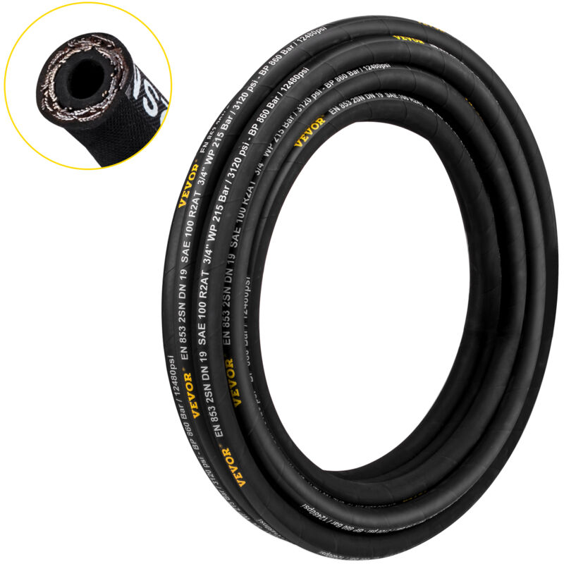 Vevor Tuyau Hydraulique 3/8' x 15,2 m, Tuyau deEssence 4800 PSI,Durite de Carburant en Caoutchouc Resistant avec 2 Tresses en Fil deAcier,Durite de
