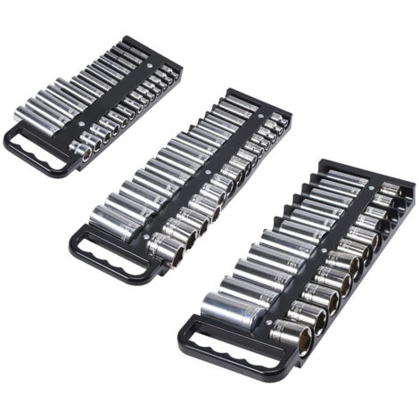 Mophorn Vassoio porta-prese portatile, set da 3 pezzi con prese metriche e SAE, supporto robusto per cassetta degli attrezzi, 1/4'', 3/8'', 1/2'', fino a 76 prese, base magnetica e maniglia