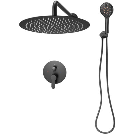 Mophorn Wall-Mounted Shower System with 12-Inch Round Rain Shower Head and Handheld Spray, Bathroom Fixtures Featuring Brass Valve and Trim Kit, Matte Black Finish