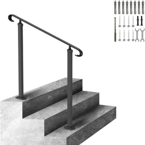 Mophorn Wrought Iron Handrail for 1-2 Steps, Adjustable Outdoor Stair Railing, Black Transitional Hand Railings for Concrete or Wooden Stairs with Installation Kit