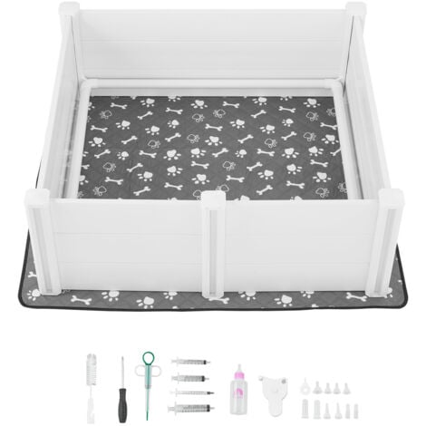 Mophorn Wurfkiste für Hunde, 122x122x46 cm, Welpenlaufstall aus robustem Kunststoff-PVC mit verstellbarer Tür und waschbarer Unterlage, stabile Welpenkiste für große Hunde, Milchweiß