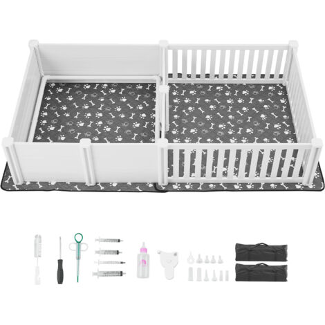 Mophorn Wurfkiste für Hunde, 235x123x46 cm, Welpenlaufstall aus robustem Kunststoff-PVC mit verstellbarer Tür und waschbarer Unterlage, 2-Raum-Design, geeignet für große Hunde, Milchweiß