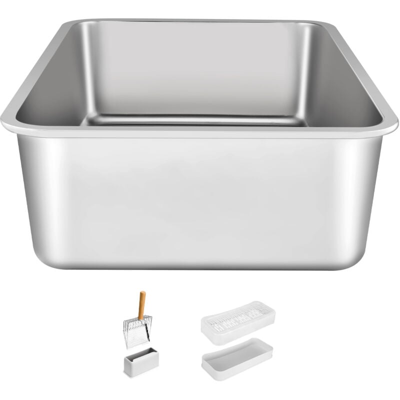 Xl Bac à litière pour chat en acier inoxydable extra large avec pelle, fermé sans odeur, côtés hauts, 15,2 cm de profondeur, facile à nettoyer pour