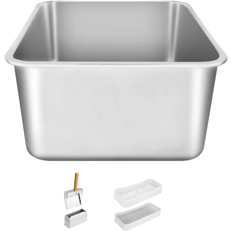 Mophorn - xl Bac à litière pour chat en acier inoxydable extra large avec pelle, fermé sans odeur, côtés hauts, 20,3 cm de profondeur, facile à