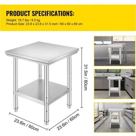 Mophorn-Zubereitungstisch aus Edelstahl, 61 x 61 x 78,7 cm, 311 kg Tragkraft, robuste Metallarbeitsstation, 3 einstellbare Höhen, für Küche, Garage und Restaurant