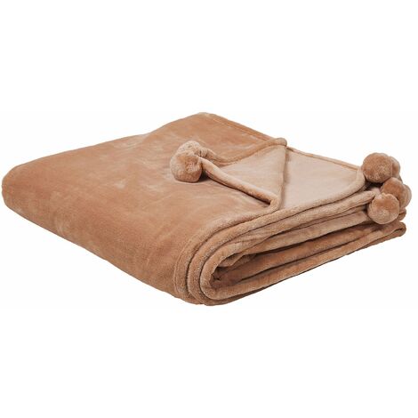 Morbida Coperta Marrone Chiaro con Pompons Copriletto 200 x 220 cm Terke