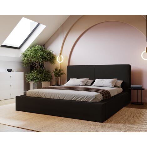 Morin Lit 200x200 - Lit avec rangement, sommier à lattes, Lit coffre 200x200 - tissu velours Noir (Amor Velvet 4322)