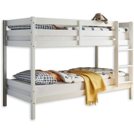 BEGABINO Moritz, Letto a castello elegante con scala e 2 reti da 90 x 200 cm, per bambini, salvaspazio, legno di pino massiccio, bianco, 97 x 140 x 207 cm, pino bianco