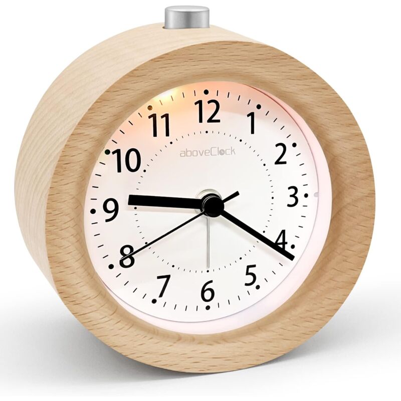 AboveClock Nano Alarm Clock with Snooze Mode Non-Ticking Wooden Alarm Clock Classic Analog Clock with Needles Night Light Battery Powered - Shining