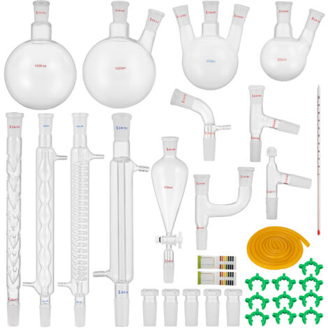 Morphron Kit de verrerie de laboratoire de 32 pièces : Joints en verre de 24/40, 1000 ml, pour chimie organique, comprend un condenseur, pour distillation, séparation, purification en laboratoire