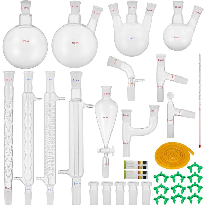 Morphron Kit de verrerie de laboratoire de 32 pièces : Joints en verre de 24/40, 1000 ml, pour chimie organique, comprend un condenseur, pour