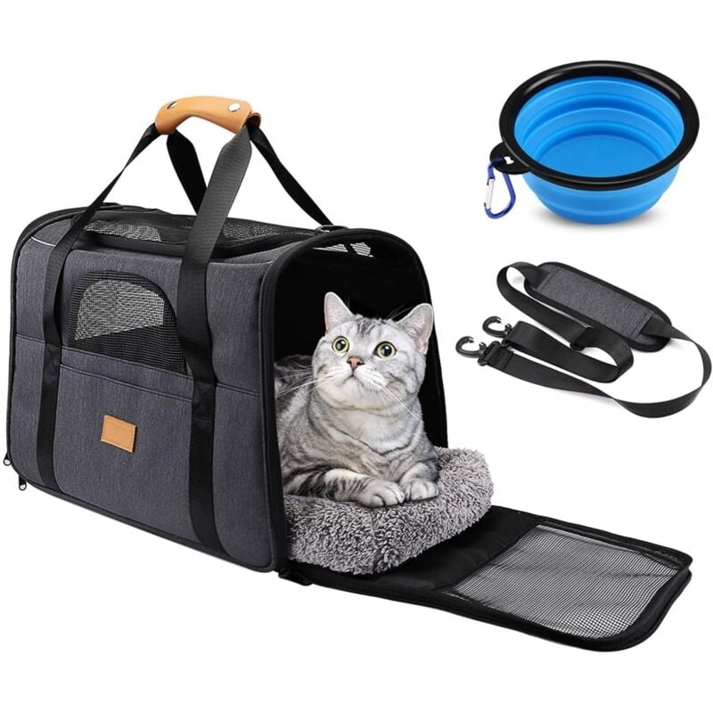Carrier, sac de transport pour animaux de compagnie, avec bandoulière réglable, coussin amovible et bol. Offre exclusive