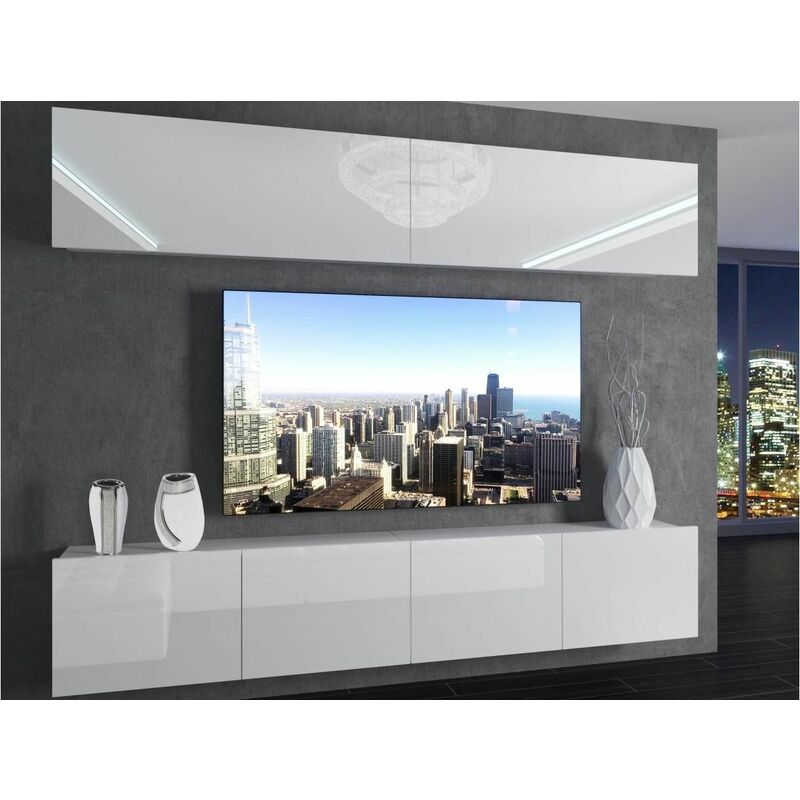 MORRIE - Ensemble meubles TV - Unité murale largeur 200 cm - Mur TV à suspendre finition gloss - Sans LED - Blanc