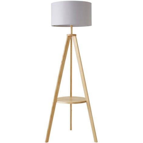 Morrigan Light Wood Tripod Design Floor Lamp with Storage Shelf and Grey Drum Shade