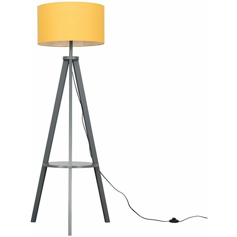 Morrigan Tripod Shelf Floor Lamp in Grey with Large Reni Shade - Mustard - Including LED Bulb