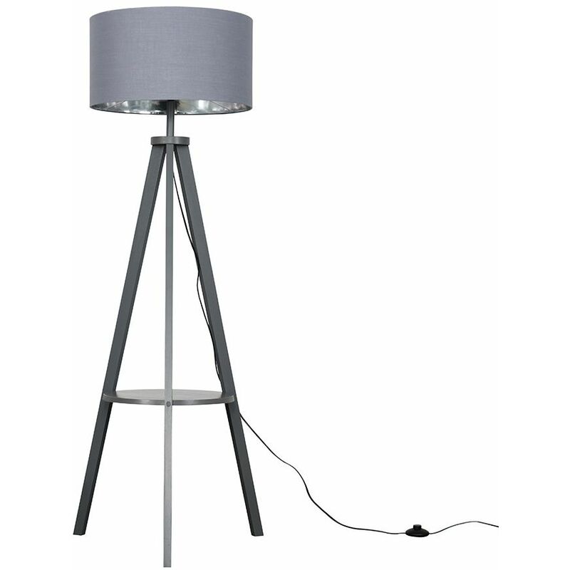 Minisun - Morrigan Tripod Shelf Floor Lamp in Grey with Large Reni Shade - Grey & Chrome - No Bulb