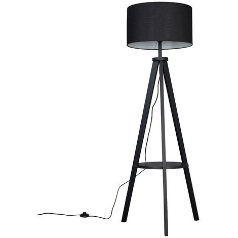 Black Wooden Tripod Floor Lamp with Shelf & XL Drum Shade & 6W GLS LED Bulb