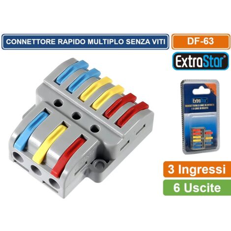 MORSETTO CONNETTORE UNIVERSALE MULTIPLO CONNESSIONE RAPIDA SENZA VITI  3 POLI IN INGRESSO 6 POLI IN USCITA