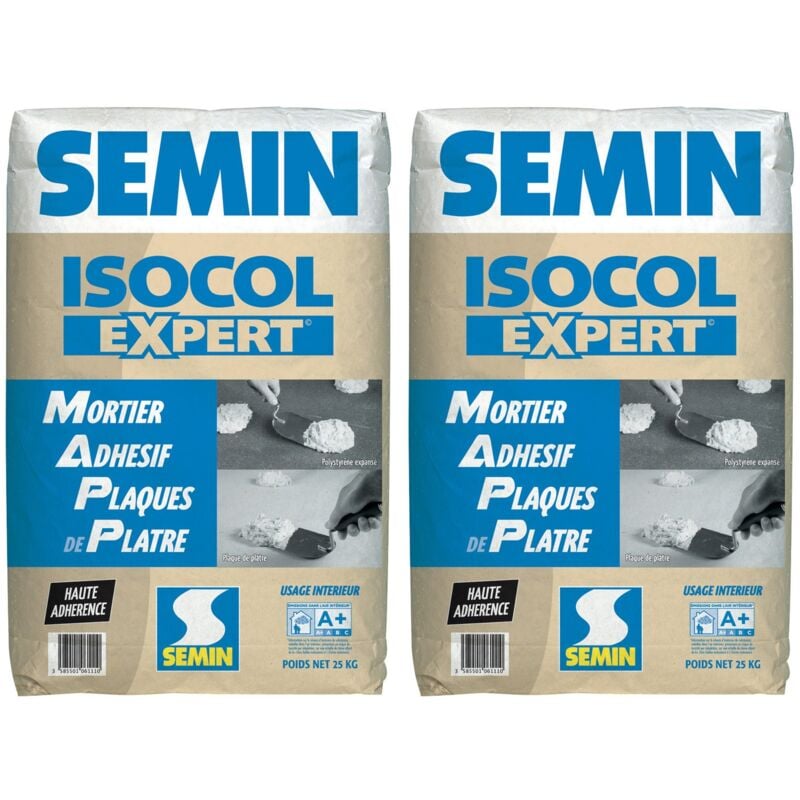 Mortier Adhésif Semin - Isocol Expert - Plaques de Plâtre - Poudre - Sac de 25 kg (lot de 2)