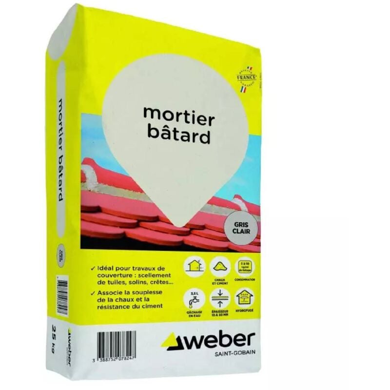 Weber Saint Gobain - Mortier bâtard pour maçonnerie 25 kg - chaux pour travaux de couverture, tuiles, Weber