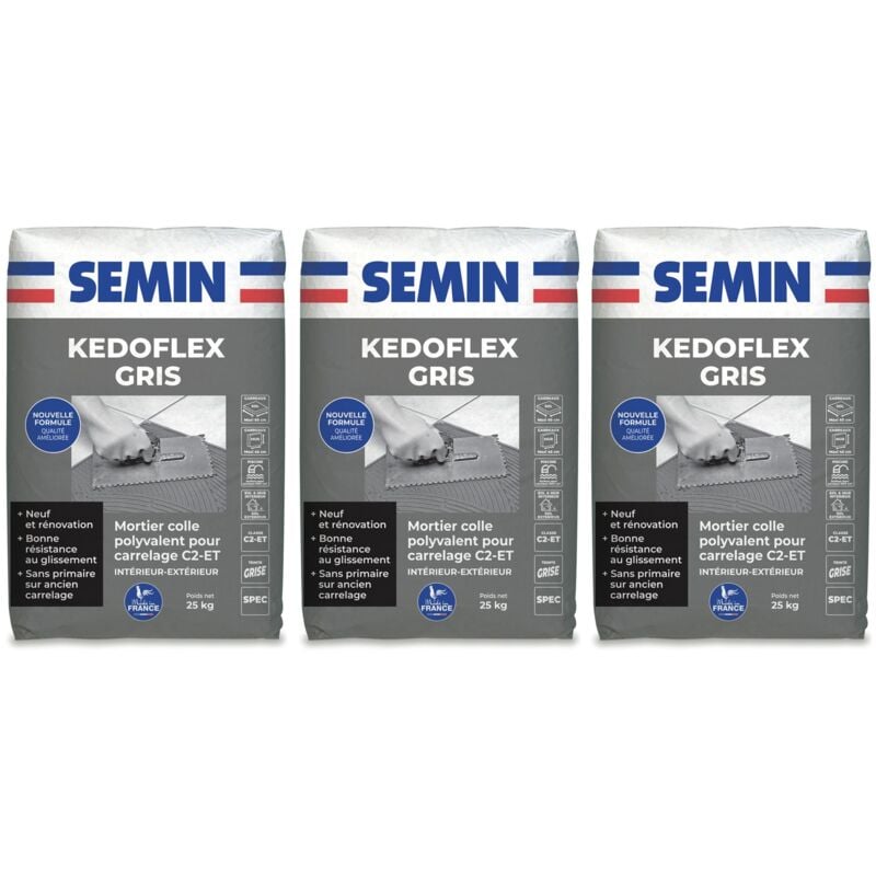 Semin - Mortier Colle Polyvalent pour Carrelage Kedoflex Gris Intérieur/Extérieur, sac de 25 kg, Lot de 3