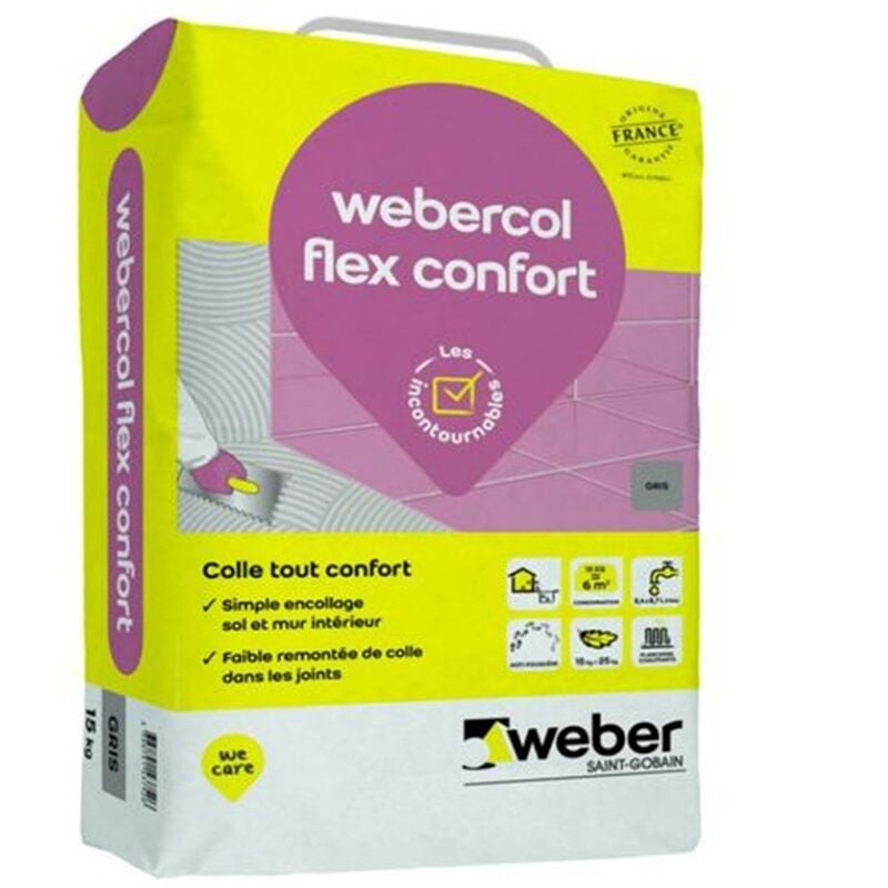 Mortier-colle pour carrelage (C2 si g) weber.col flex confort - Sac de 15 kg - gris