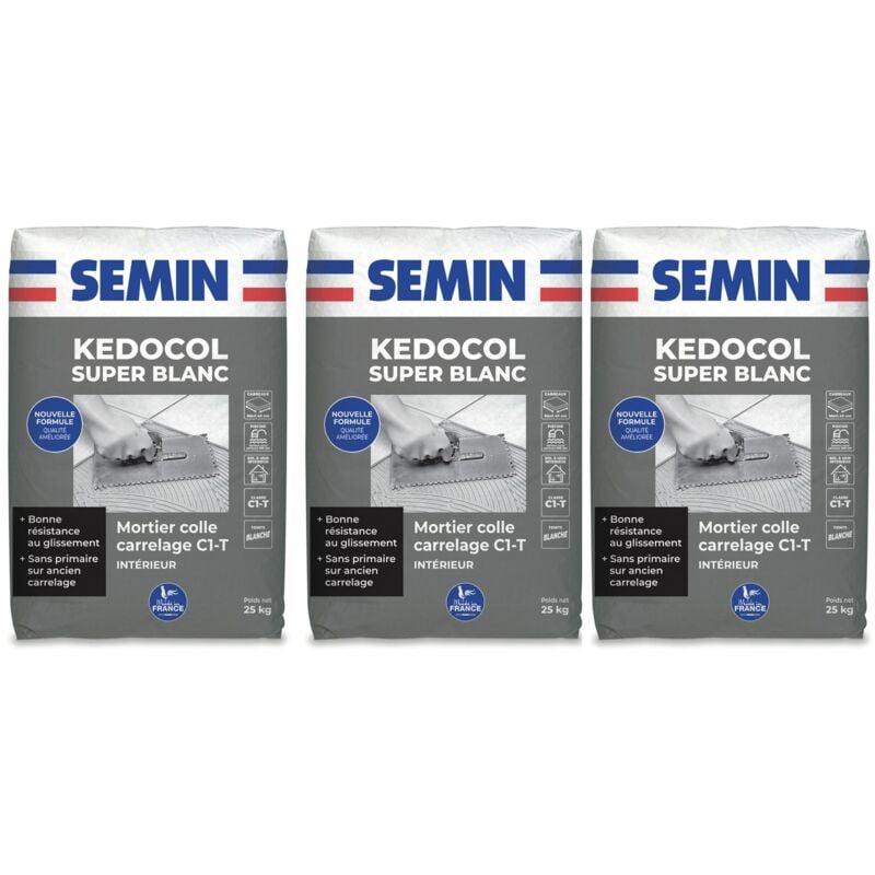 Mortier Colle pour Carrelage Kedocol Super Blanc Semin, Poudre, Intérieur, sac de 25 kg, Lot de 3
