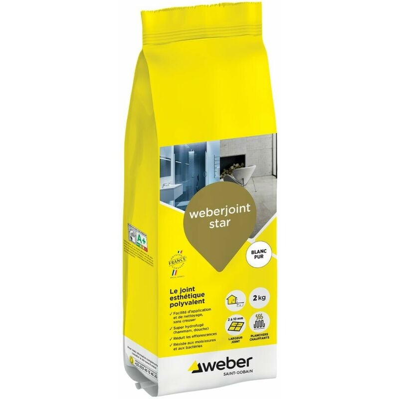 Joint carrelage hydrofugé décoratif, Blanc Pur, 2 kg, spécial intérieur et extérieur, Mortier, largeur 2 à 10mm, weberjoint star, weber