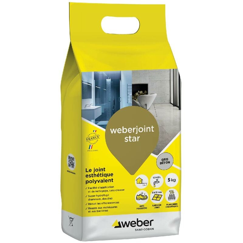 Joint carrelage hydrofugé décoratif, Gris Béton, 5 kg, spécial intérieur et extérieur,Mortier, largeur 2 à 10mm, weberjoint star, weber