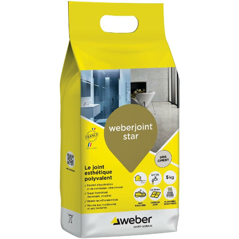 Joint carrelage hydrofugé décoratif, Gris Ciment, 5 kg, spécial intérieur et extérieur,Mortier, largeur 2 à 10mm, weberjoint star, weber