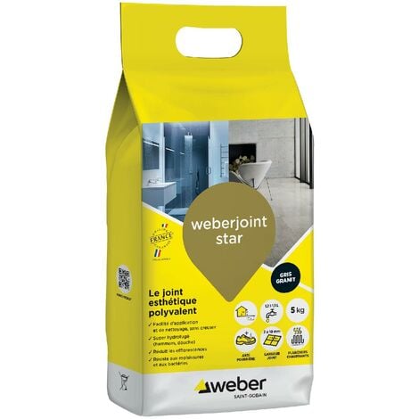 WEBER SAINT GOBAIN Mortier joint carrelage décoratif hydrofugé, spécial intérieur et extérieur, largeur 2 à 10mm, 5kg, gris granit, WEBERJOINT STAR, WEBER