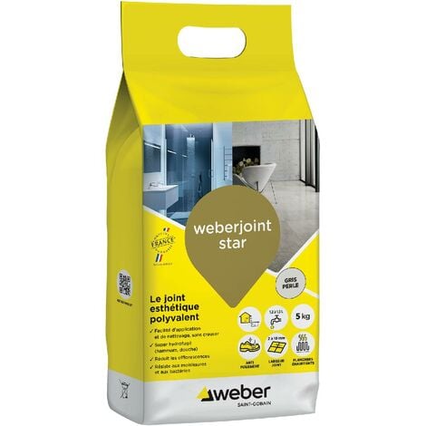 WEBER SAINT GOBAIN Mortier joint carrelage décoratif hydrofugé, spécial intérieur et extérieur, largeur 2 à 10mm, 5kg, gris perlé, WEBERJOINT STAR, WEBER