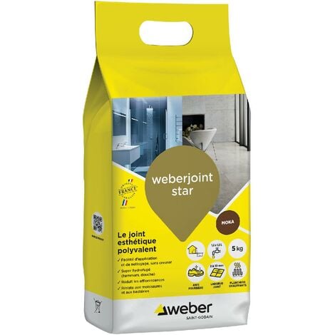 WEBER SAINT GOBAIN Mortier joint carrelage décoratif hydrofugé, spécial intérieur et extérieur, largeur 2 à 10mm, 5kg, moka, WEBERJOINT STAR, WEBER