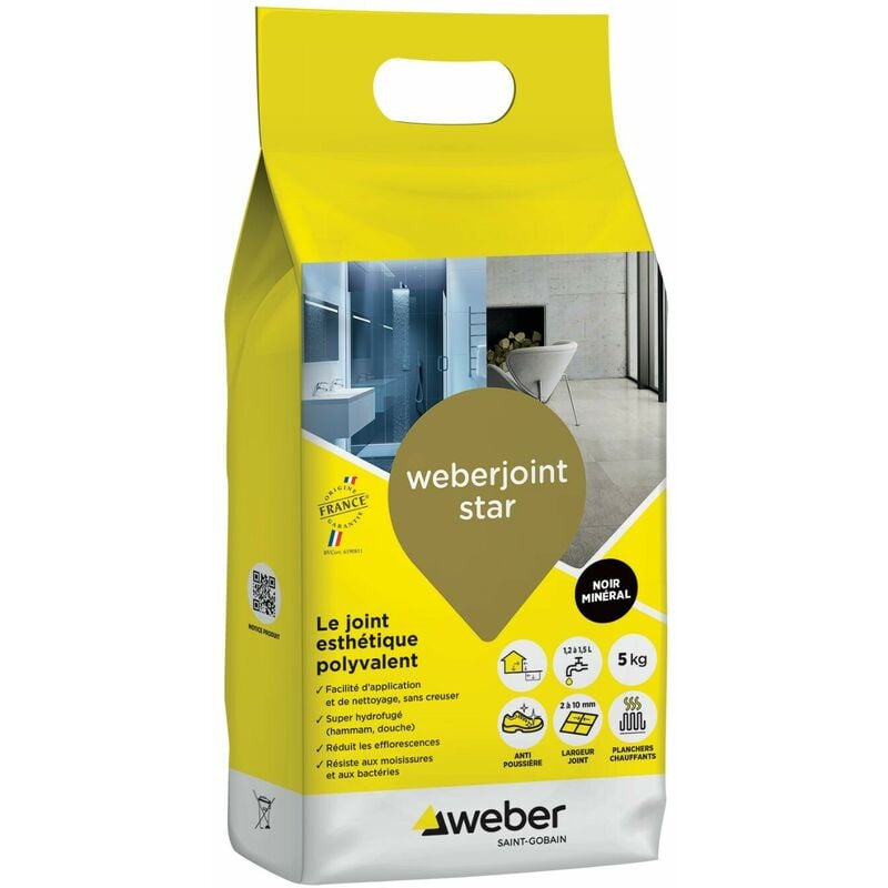 Joint carrelage hydrofugé décoratif, Noir Minéral, 5 kg, spécial intérieur et extérieur,Mortier, largeur 2 à 10mm, weberjoint star, weber