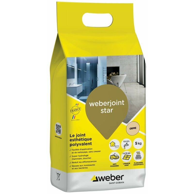 Joint carrelage hydrofugé décoratif, Orme,5 kg, spécial intérieur et extérieur,Mortier, largeur 2 à 10mm, WEBERJOINT STAR, WEBER