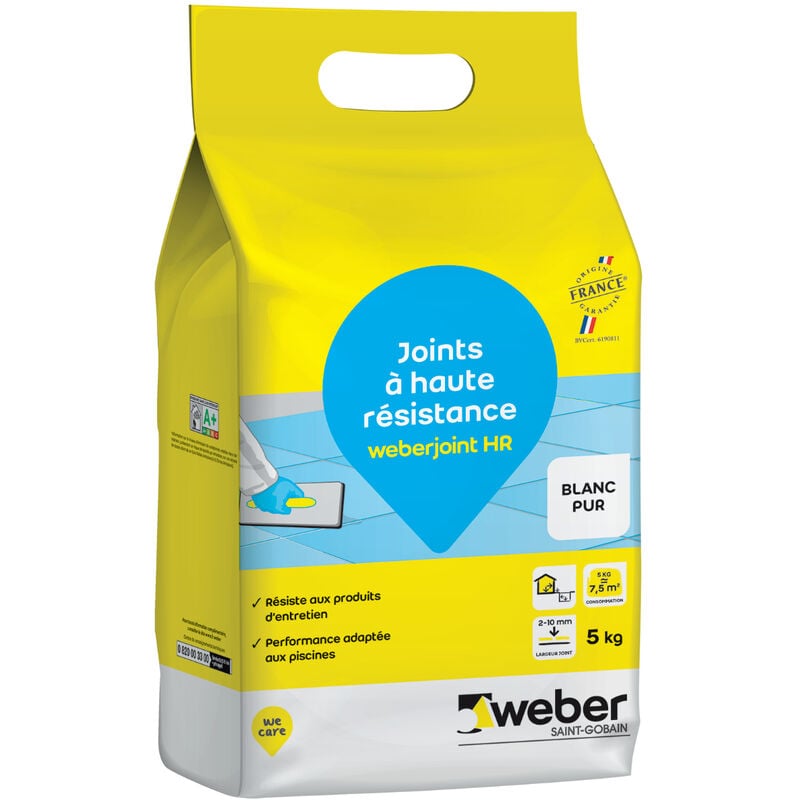 Weber Saint Gobain - Joint de carrelage adapté piscine , Haute Résistance, Blanc Pur, Weberjoint hr 5KG, weber