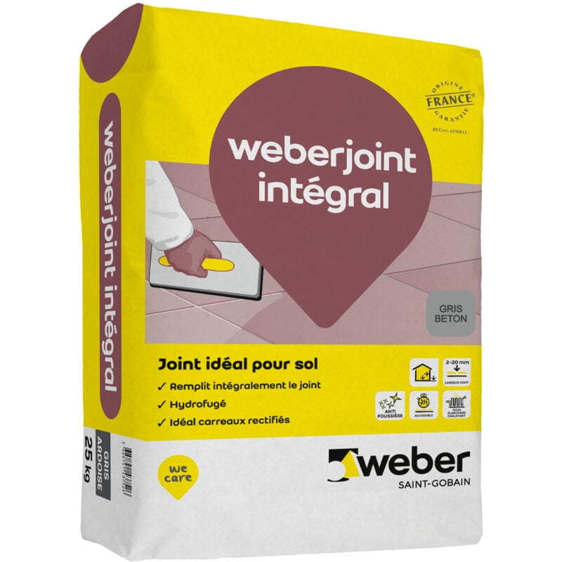 Weber Saint Gobain - Joint carrelage hydrofugé, 25kg, Gris Beton, idéal pour sol et carreaux rectifiés, Weberjoint intégral, de largeur de 2 à 20 mm,