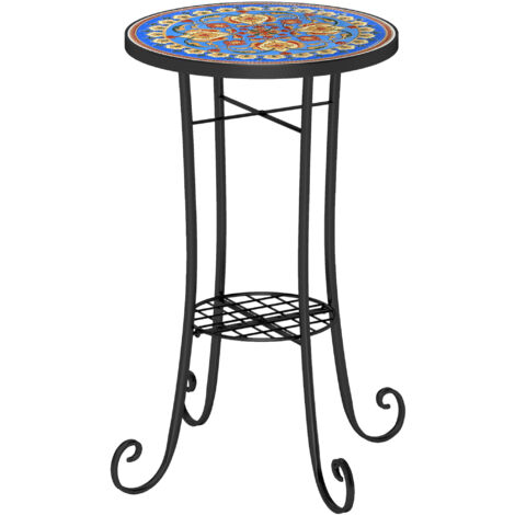 Mosaic Garden Table, 35.5 cm Round Outdoor Table with Shelf, Ceramic Tile Top, Small Garden Side Table Bistro Table End Table Plant Stand for Indoor, Patio, Balcony, Blue