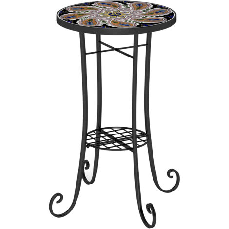 Mosaic Garden Table, 35.5 cm Round Outdoor Table with Shelf, Ceramic Tile Top, Small Garden Side Table Bistro Table End Table Plant Stand for Indoor, Patio, Balcony, Orange