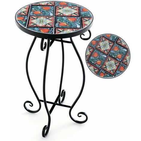 Mosaic Outdoor Side Table Round End Table Weather Resistant Ceramic Tabletop